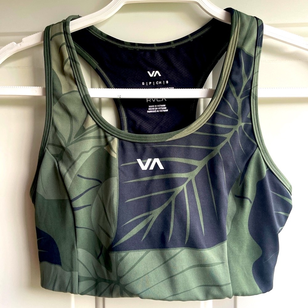 RVCA Green Sports Bra with Tropical Leaf Design